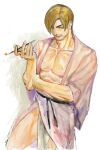  123456dyom 1boy absurdres alternate_costume bara blonde_hair cropped_legs curtained_hair goatee_stubble highres holding holding_smoking_pipe japanese_clothes kimono large_pectorals leon_s._kennedy limp_wrist_(meme) looking_at_viewer male_focus mature_male meme muscular muscular_male mustache_stubble pectoral_cleavage pectorals pelvic_curtain pink_kimono resident_evil seductive_smile short_hair sketch smile smoking_pipe solo thick_eyebrows thighs v-shaped_eyebrows 