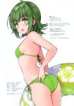  1girl absurdres adjusting_clothes adjusting_swimsuit ass bare_arms bare_shoulders bikini blush breasts cu-no floral_print from_side green_bikini green_eyes grey_hair highres hisen_kaede holding innertube looking_at_viewer nonono_futaba open_mouth original scan short_hair simple_background small_breasts smile solo swimsuit thighs white_background 