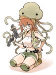  1girl absurdres alien baseball_cap boots breasts brown_eyes brown_hair crop_top fio_germi glasses gun hat highres lywslanket mars_people metal_slug midriff ponytail shorts snk tentacles vest weapon 