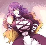  1girl black_dress breasts brown_hair clenched_hand colorized commentary dress english_commentary hijiri_byakuren huge_breasts layered_dress long_sleeves looking_at_viewer monyomoke open_mouth purple_eyes purple_hair quarium solo touhou turtleneck_dress 