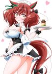  alternate_costume animal_ears apron bottle breasts brown_eyes cleavage commentary_request enmaided hair_between_eyes hair_ornament heart highres horse_ears horse_girl horse_tail imai_kazunari large_breasts looking_at_viewer maid maid_headdress nice_nature_(umamusume) red_hair ribbon simple_background tail thighs tray umamusume white_background 