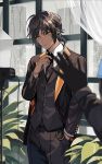  1boy 1other adjusting_clothes against_window alternate_costume arknights black_gloves black_hair black_necktie black_pants black_suit blurry blurry_foreground buttons camera cityscape collared_shirt commentary curtains dark-skinned_male dark_skin doctor_(arknights) earclip formal frown gloves highres hishoti_cheese looking_at_another necktie orange_eyes pants plant rain reflector_(photography) shirt short_hair short_ponytail solo_focus suit thorns_(arknights) vest water_drop white_shirt window 