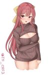  1girl blush bow breasts brown_sweater cleavage hair_ribbon kamikaze_(kancolle) kantai_collection long_hair looking_at_viewer medium_breasts meme_attire open-chest_sweater open_mouth purple_eyes red_hair ribbed_sweater ribbon smile solo sweater tf_cafe turtleneck turtleneck_sweater twitter_username white_background yellow_bow yellow_ribbon 