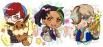  1boy 2girls :d arven_(pokemon) backpack bag black_hair blue_hair blue_vest bright_pupils brown_bag brown_eyes chibi collared_shirt food glasses green_eyes green_hair grin holding holding_food holding_poke_ball hood hoodie long_sleeves looking_at_viewer mofumofuyarou multicolored_hair multiple_girls necktie nemona_(pokemon) open_clothes open_mouth open_vest orange_necktie penny_(pokemon) poke_ball poke_ball_(basic) pokemon pokemon_sv ponytail red_hair round_eyewear sandwich shirt short_hair smile teeth two-tone_hair vest white_pupils 