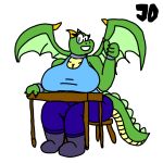  anthro big_breasts binary_drawing boots bottomwear breasts chair clawed_fingers cleavage clothed clothing collar countershading cuffs_(clothing) denim denim_bottomwear denim_clothing dragon eyelashes female flat_colors footwear furniture gesture green_body horn jeans jimothy_dickerman outline pants shirt signature simple_background simple_eyes smile smiling_at_viewer solo table tail tank_top thumbs_up topwear white_background wings 