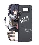  1girl animal_ears black_gloves black_shorts blue_eyes blue_hair cat_ears cat_girl cat_tail chest_rig english_text fingerless_gloves gloves gun handgun highres holding holding_gun holding_weapon karepack original riot_shield shield shirt shorts solo squatting tail weapon white_background white_shirt 