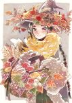  1girl absurdres animal_on_shoulder apple autumn autumn_leaves basket berry black_hair blush braid food fox freckles fruit grapes hat highres holding holding_basket leaf long_hair looking_at_viewer maru_(hardrock5150) mushroom original painting_(medium) pinecone purple_eyes smile traditional_media watercolor_(medium) wheat witch witch_hat 