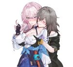  2girls blush breasts cleavage closed_eyes closed_mouth gloves grabbing grabbing_another&#039;s_breast highres honkai:_star_rail honkai_(series) large_breasts march_7th_(honkai:_star_rail) multicolored_eyes multiple_girls partially_fingerless_gloves pink_hair stelle_(honkai:_star_rail) trailblazer_(honkai:_star_rail) wktfrv47n 