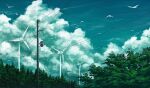  bird blue_sky cloud cloudy_sky commentary_request contrail cumulonimbus_cloud day forest gensuke_(ryun) highres nature no_humans original outdoors power_lines scenery sky tree utility_pole wind_turbine 