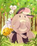  animal_focus apple_on_head blurry blurry_background blurry_foreground brown_fur commentary_request cutiefly forest grass hanabusaoekaki honey jar nature no_humans pokemon pokemon_(creature) sentret solid_oval_eyes tail 