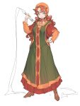  1girl blue_eyes breasts buri_tora curly_hair dragon_quest dragon_quest_vii dress full_body highres holding holding_whip hood long_hair looking_at_viewer maribel_(dq7) simple_background smile solo weapon whip white_background 