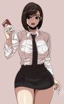  1girl :o beautiful_gunbari black_eyes black_hair black_necktie black_skirt breasts cigarette cigarette_pack long_sleeves marheit medium_breasts medium_hair necktie park_min-joo pencil_skirt shirt simple_background skirt smoke solo standing white_shirt 