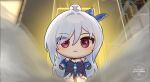  1girl a-pose blue_headwear blue_sleeves chibi chinese_clothes closed_mouth detached_sleeves english_commentary english_text flat_chest gacha gameplay_mechanics honkai:_star_rail honkai_(series) jingliu_(honkai:_star_rail) long_hair pootaetae red_eyes solo white_hair 