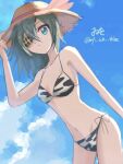  1girl animal_print artist_name bikini blue_sky breasts cloud eyepatch green_eyes green_hair hat highres holding holding_clothes holding_hat kantai_collection kiso_(kancolle) looking_at_viewer medium_breasts one-hour_drawing_challenge short_hair side-tie_bikini_bottom sky solo swimsuit tiger_print twitter_username white_bikini wiwo 