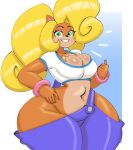  activision anthro bandicoot big_breasts black_pupils blonde_hair breasts clothing coco_bandicoot crash_bandicoot_(series) female geebie33 green_eyes hair hi_res huge_hips huge_thighs looking_at_viewer mammal marsupial multicolored_body navel overalls pupils shirt smile solo thick_thighs topwear two_tone_body wide_hips 