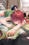  1other 2girls bag black_hair black_shirt blush bocchi_the_rock! closed_eyes cup curtains dress funi_mu9 green_dress highres hiroi_kikuri indoors iwashita_shima long_hair multiple_girls open_mouth plastic_bag red_hair shirt short_hair sleeping tatami 