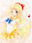  1girl absurdres aino_minako amu_(m_aa) bishoujo_senshi_sailor_moon blonde_hair blue_bow blue_eyes bow choker earrings elbow_gloves eyelashes gloves hair_bow heart highres jewelry long_hair marker_(medium) navel one_eye_closed panties red_bow sailor_venus skirt solo star_(symbol) star_earrings traditional_media underwear very_long_hair white_gloves white_panties yellow_choker yellow_skirt 