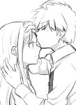  1boy 1girl ahoge closed_eyes closed_mouth collared_shirt danganronpa:_trigger_happy_havoc danganronpa_(series) facing_another gloves greyscale highres karen_(karenendo) kirigiri_kyoko kiss kissing_forehead long_hair long_sleeves looking_at_another monochrome naegi_makoto profile shirt short_hair 