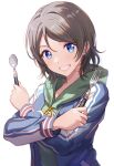  1girl artist_name blue_eyes commentary dated fork grey_hair grin highres holding holding_fork holding_spoon hood hooded_jacket jacket looking_at_viewer love_live! love_live!_sunshine!! shamakho short_hair smile solo spoon watanabe_you watermark white_background 