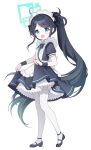  1girl absurdres apron aris_(blue_archive) aris_(maid)_(blue_archive) black_dress black_footwear black_hair blue_archive blue_eyes blush dress frilled_apron frills full_body gradient_hair halo highres long_hair looking_at_viewer maid maid_headdress multicolored_hair na1tsu2me3 open_mouth ponytail shoes short_sleeves side_ponytail simple_background solo teeth thighhighs upper_teeth_only very_long_hair white_apron white_background white_thighhighs 