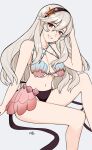 absurdres bikini black_hairband breasts cleavage corrin_(female)_(fire_emblem) corrin_(fire_emblem) fire_emblem fire_emblem_cipher fire_emblem_fates hairband hand_on_own_head highres kgctcg large_breasts long_hair looking_at_viewer pointy_ears red_eyes shell shell_bikini smile swimsuit white_hair 