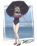  1girl artist_name bare_legs bare_shoulders beach black_one-piece_swimsuit blonde_hair blue_choker blue_eyes blue_hairband blue_sky breasts choker cleavage cloud cm_lynarc commentary constance_von_nuvelle day drill_hair drill_locks earrings fire_emblem fire_emblem:_three_houses fire_emblem_warriors:_three_hopes full_body hairband holding holding_umbrella jewelry looking_at_viewer medium_hair ocean off-shoulder_one-piece_swimsuit off_shoulder one-piece_swimsuit purple_lips sandals signature sky smile solo standing swimsuit thighs umbrella water 