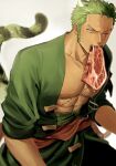  1boy abs animal_ears bara bare_pectorals dark-skinned_male dark_skin fang feet_out_of_frame food_in_mouth frown green_hair green_kimono hd189733b highres japanese_clothes kimono large_pectorals long_sideburns looking_down male_focus muscular muscular_male one_piece pectorals raw_meat roronoa_zoro scar scar_across_eye short_hair sideburns sliced_meat solo tail tail_raised tiger_boy tiger_ears tiger_tail veiny_face 