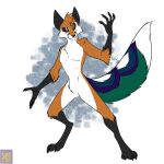  1:1 2023 anthro avian bird black_sclera canid canine digitigrade dipstick_tail fox foxenawolf fur galliform green_tail male mammal markings orange_body orange_eyes orange_fur peafowl phasianid scuted_arms scuted_feet scutes simple_background solo tail tail_markings turbo_(turbo_mcgogo) white_background 