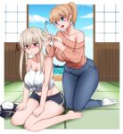  2girls absurdres alternate_costume barefoot beach black_shorts blonde_hair blue_pants blush breasts brown_hair cleavage crop_top denim full_body graf_zeppelin_(kancolle) grey_eyes hair_between_eyes hat hat_removed headwear_removed highres holding holding_hair intrepid_(kancolle) jeans kantai_collection large_breasts multiple_girls newbienoodles nose_blush off-shoulder_sweater off_shoulder orange_sweater pants ponytail short_hair shorts sidelocks sliding_doors socks sweater tank_top tatami tsurime white_socks white_tank_top 