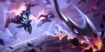  1boy arm_blade armor attack black_pants dark_star_zed dust falling_rock fighting fire flying glowing highres in_orbit kudos3d league_of_legends legends_of_runeterra male_focus mask official_art outdoors pants planet rock shadow shoulder_armor shuriken sky solo space star_(sky) starry_sky weapon zed_(league_of_legends) 