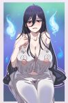  1girl black_hair bow_(bhp) breasts camisole chinese_commentary cleavage collarbone commentary_request hair_between_eyes hand_on_own_chest inverted_nipples large_breasts long_hair navel nipple_slip nipples pants sitting solo the_ring very_long_hair white_camisole white_pants yamamura_sadako 