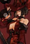  1girl bare_shoulders black_hair blue_eyes breasts cleavage collarbone fingerless_gloves found_modori gloves guilty_gear guilty_gear_xrd hat heterochromia highres i-no lipstick looking_at_viewer makeup mole mole_above_mouth mole_under_eye o-ring o-ring_top record red_background red_eyes red_headwear red_lips short_hair short_sleeves simple_background solo witch_hat 