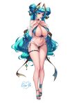  1girl absurdres aqua_hair bare_shoulders bikini blue_eyes blue_hair blush breasts cian_yo cleavage collarbone criss-cross_halter earrings full_body gradient_hair hair_ornament halterneck highres huge_breasts jewelry league_of_legends long_hair looking_at_viewer multicolored_hair navel ribbon simple_background solo sona_(league_of_legends) standing swimsuit thigh_strap thighs twintails very_long_hair white_background 
