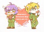  2boys artist_name blonde_hair blue_eyes blush brown_footwear candy chibi chocolate covering_mouth dated english_text food green_jacket green_pants hand_in_pocket heart heart-shaped_chocolate high_collar highres holding holding_chocolate holding_food holding_heart jacket male_focus mobile_suit_gundam_the_origin multiple_boys orange_eyes pants purple_hair shiikura signature smirk sweat valentine white_background yaoi 
