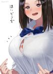  1girl artist_name between_breasts blue_bow blue_bowtie blush bow bowtie bra_visible_through_clothes breasts brown_eyes brown_hair button_gap buttons commentary_request fang fingernails kaisen_chuui large_breasts nail_polish open_mouth original pink_nails shirt short_hair simple_background translation_request upper_body white_background white_shirt 