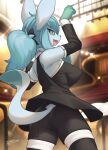  2023 absurd_res anthro artist_name blue_hair breasts butt clothed clothing eeveelution eyelashes female fingers generation_4_pokemon glaceon hair hi_res long_hair nintendo open_mouth pokemon pokemon_(species) ponytail solo tail zinfyu 