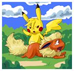  ambiguous_gender bodily_fluids butt_slap detailed_background digital_media_(artwork) duo eeveelution female flareon game_freak generation_1_pokemon hi_res nintendo pequedark-velvet pikachu pokemon pokemon_(species) punishment slap spanking tail tears 