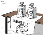  artist_name bottle commentary_request curse_(023) dated etorofu_(kancolle) kantai_collection lotion no_humans sign simple_background spray_bottle table translation_request white_background 