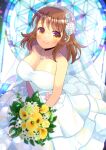  1girl blurry blurry_background blush bouquet breasts bridal_veil brown_eyes brown_hair cleavage closed_mouth commentary_request commission copyright_request depth_of_field dress flower green_flower holding holding_bouquet kou_hiyoyo large_breasts long_hair looking_at_viewer pink_flower skeb_commission smile solo strapless strapless_dress veil wedding_dress white_dress white_flower yellow_flower 