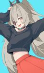  1girl ;d absurdres ahoge aqua_background black_collar black_sweater blush collar commentary djmax djmax_respect english_commentary eyepatch fail_(djmax) fang grey_hair hair_between_eyes hair_ornament hand_on_own_head highres long_hair looking_at_viewer maishtar_colo midriff one_eye_closed open_mouth outstretched_arm red_eyes red_skirt sidelocks skin_fang skirt sleeves_past_wrists smile solo sweater twintails very_long_hair 