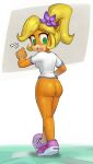  2023 absurd_res accessory activision anthro bandicoot blonde_hair bottomless bottomless_female butt clothed clothing coco_bandicoot crash_bandicoot_(series) female flower flower_in_hair fur green_eyes hair hair_accessory hi_res mammal mario-grant marsupial orange_body orange_fur plant ponytail solo surprised_expression walking wide_eyed 