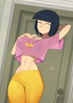  1girl arm_behind_head barleyshake black_hair blunt_bangs bridgette_hashima close_enough crop_top door highres jewelry linea_alba looking_at_viewer midriff navel necklace pants pink_shirt see-through see-through_shirt shadow shirt short_hair short_sleeves signature smile solo yellow_pants 