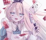  1girl alice_(alice_in_wonderland) alice_in_wonderland apron blonde_hair blood blue_dress blue_eyes card diamond_(shape) dress earrings facial_mark heart heart_facial_mark highres holding holding_knife jewelry joker_(card) knife nanamiya_ten open_mouth pink_blood playing_card smile solo star-shaped_pupils star_(symbol) symbol-shaped_pupils white_apron white_background 