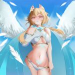  absurdres angel angel_wings animal_ears breasts crotch genshin_impact highres lumine_(genshin_impact) panties panty_pull see-through self-upload shy tattoo underwear wet wet_clothes wings 