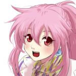  1girl :d arche_klein earrings jewelry kiyou_sumomo long_hair looking_at_viewer open_mouth pink_eyes pink_hair ponytail simple_background smile solo tales_of_(series) tales_of_phantasia white_background wide_ponytail 
