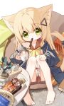  1girl animal_ear_fluff animal_ears bare_legs barefoot black_jacket blonde_hair book bookmark brown_sailor_collar brown_skirt cat_ears cat_girl cat_tail collarbone commentary_request cup food food_in_mouth green_eyes hair_between_eyes hair_ornament highres holding holding_cup jacket kemonomimi_mode knees_together_feet_apart knees_up long_hair looking_at_viewer mouth_hold mug open_clothes open_jacket original pleated_skirt pocky sailor_collar school_uniform serafuku shirt simple_background sitting skirt solo steam table tail very_long_hair waka_(yuuhagi_(amaretto-no-natsu)) white_background white_shirt yuuhagi_(amaretto-no-natsu) 