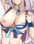  1girl bare_shoulders blush breasts dynorz earrings grey_hair highres hololive hololive_indonesia jewelry large_breasts long_hair navel nipples one_breast_out pavolia_reine solo virtual_youtuber white_background 