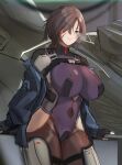 1girl absurdres armored_core armored_core_6 blue_eyes blush bodysuit breasts brown_hair cowboy_shot fingerless_gloves gloves hair_over_one_eye highres jacket large_breasts looking_at_viewer messy_hair mobius_(suicideloli) mole mole_under_eye off_shoulder scar solo v.iv_rusty 