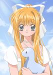  1girl air_(visual_novel) blonde_hair blue_eyes blue_sky bow collarbone dencintown dress hair_bow halter_dress halterneck highres holding holding_stuffed_toy kamio_misuzu light_blush ponytail short_sleeves sidelocks sky smile solo stuffed_dinosaur stuffed_toy summer sunlight upper_body white_bow white_dress 