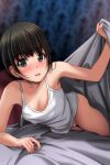  1girl absurdres arm_up bare_arms bare_shoulders black_hair blanket blurry blurry_background blush breasts brown_eyes camisole collarbone depth_of_field highres looking_at_viewer matsunaga_kouyou nose_blush original panties parted_lips small_breasts solo teeth underwear underwear_only upper_teeth_only white_camisole white_panties 